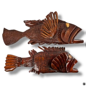 2 Carved Wood Fish Wall Mounts