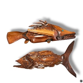 2 Carved Wood Fish Wall Mounts