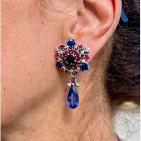 1950’s Platinum Diamond, Ruby, & Sapphire Earrings