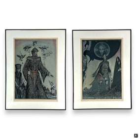 2 Framed Pencil Signed Russian Engravings