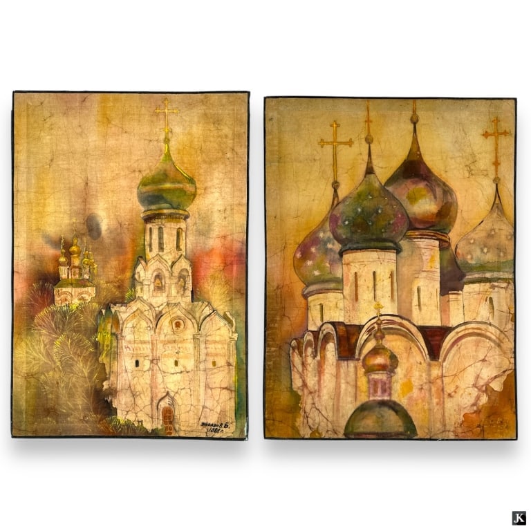 2 Vintage Russian School Watercolors on Silk (1 of 5)