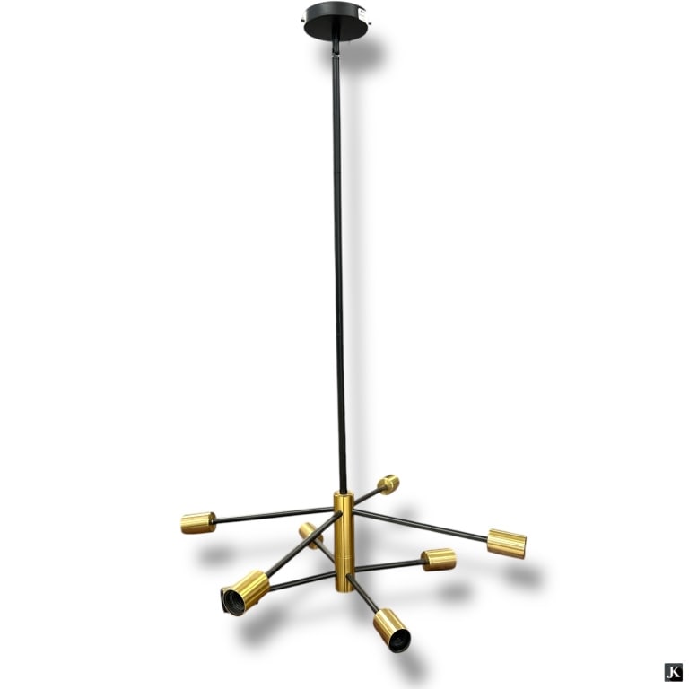 Contemporary Black & Gold Finish Sputnik Chandelie: Contemporary Black & Gold Finish Sputnik Style Chandelier. Good condition. Measures 42" H x 26" W. LA/B13/SH:1A