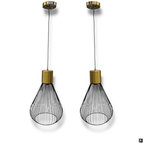 2 Modern Black & Gold Finish Wire Pendant Lights