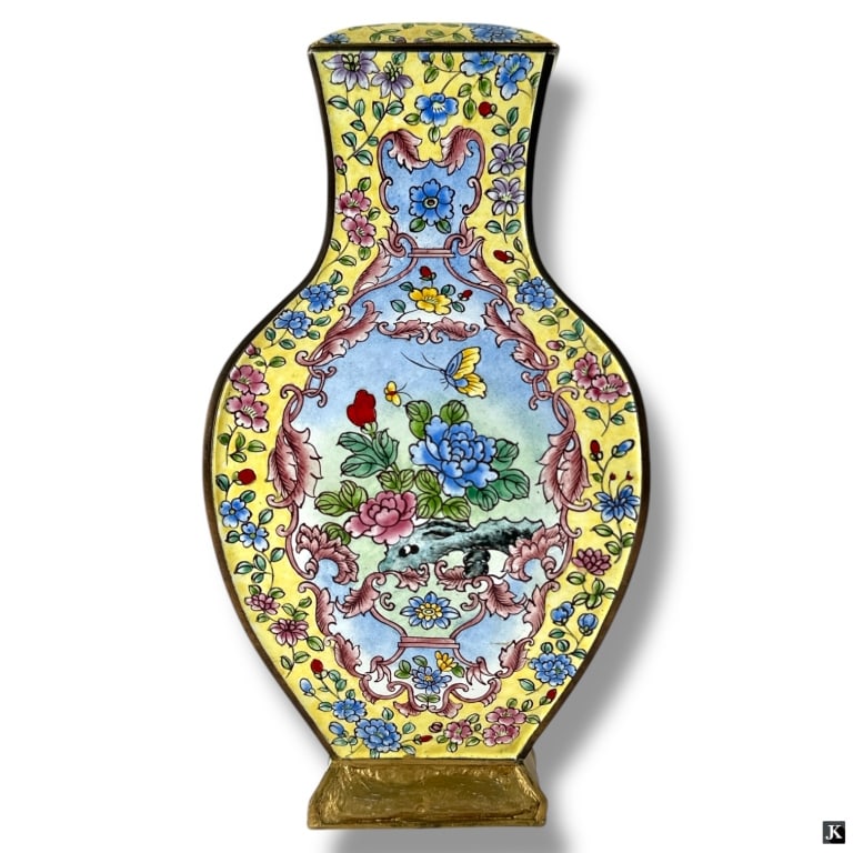 Antique Enameled Cloisonne Lidded Urn: Antique Enameled Cloisonne Lidded Urn. Unsigned. Losses and restoration to foot. Measures 10" H. LA/B13/SH:13A