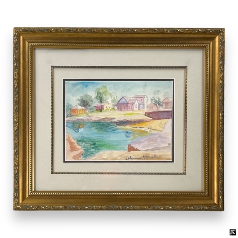 Hildegarde Hamilton Watercolor on Paper: Hildegarde Hume Hamilton, American (1898 - 1970) Watercolor on paper "Riverside Village". Signed lower right. Framed under glass in decorative gilt frame. Image (sight) measures 8-1/2" x 11-1/2", over