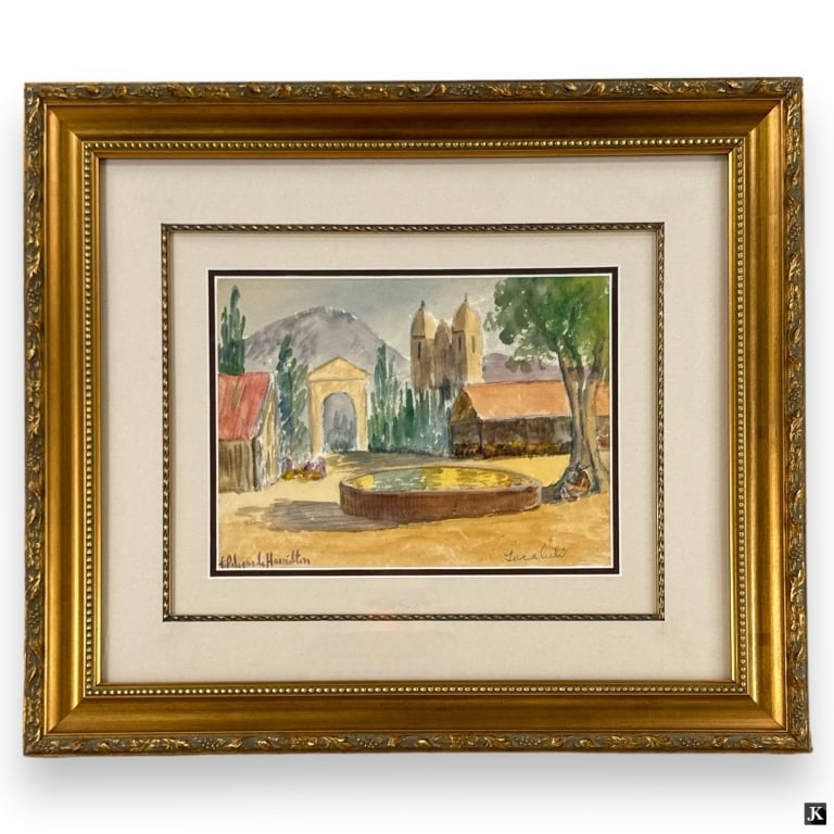 Hildegarde Hamilton Watercolor on Paper: Hildegarde Hume Hamilton, American (1898 - 1970) Watercolor on paper "Landscape". Signed lower left. Framed under glass in decorative gilt frame. Image (sight) measures 8-1/2" x 11-1/2", overall with 