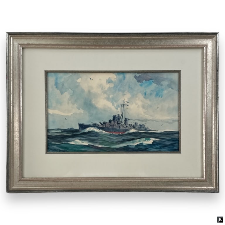 Gordon Grant Watercolor "Battleship In Convoy": Gordon Hope Grant, American (1875 - 1962) Watercolor on paper "Battleship In Convoy". Signed lower left. Gallery Label verso: Western Wildlife Gallery, San Francisco. Lightly toned or in good conditio