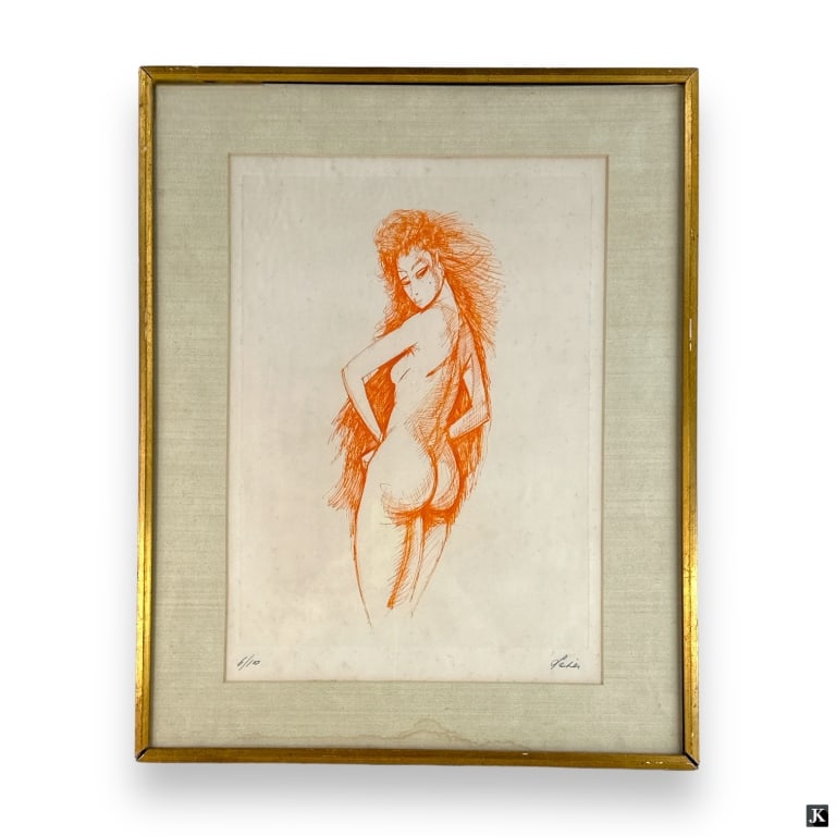 Unknown Artist Signed Etching Of Nude Woman: Limited edition etching on paper depicting the study of a nude female. Hand pencil signed what appears to be "Lehen"? to lower right right and numbered 6/100 to lower left. Mounted in a gold painted w