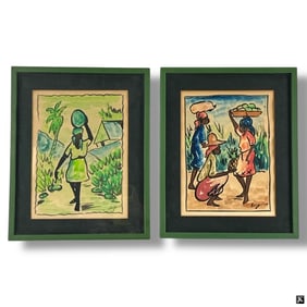 Pair Vintage Haitian Watercolors Signed Jauques