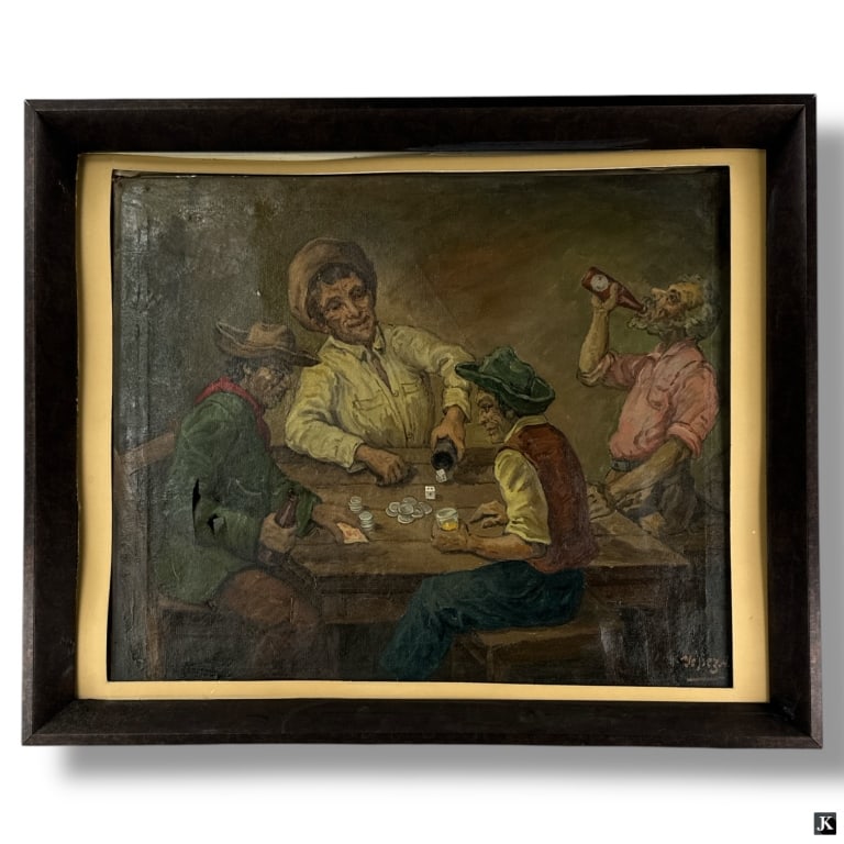 Jose Yepez Arteaga Oil/Canvas, Game of Dice: Jose Yepez Arteaga, Ecuadorian (Born 1898) Oil on canvas "Game of Dice". Signed lower right. Vertical tear left side,small hole upper left, not well framed. Measures 23" x 17-1/2" (sight), frame measu
