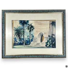 Vintage MCM French School W/C "Palms & Archway"