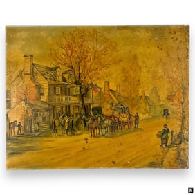 Mid-Century Decorative O/C "Early American Town"