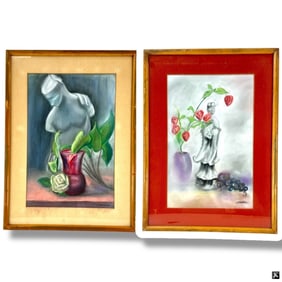2 Vintage Pastel Still Life Drawings J. Pressel