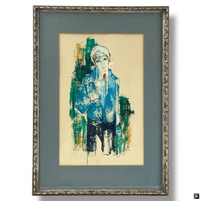 Robert Delval Gouache "Girl in Blue Jacket" 1965