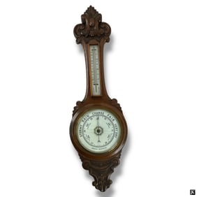 Vintage Carved Wood Thermometer Barometer