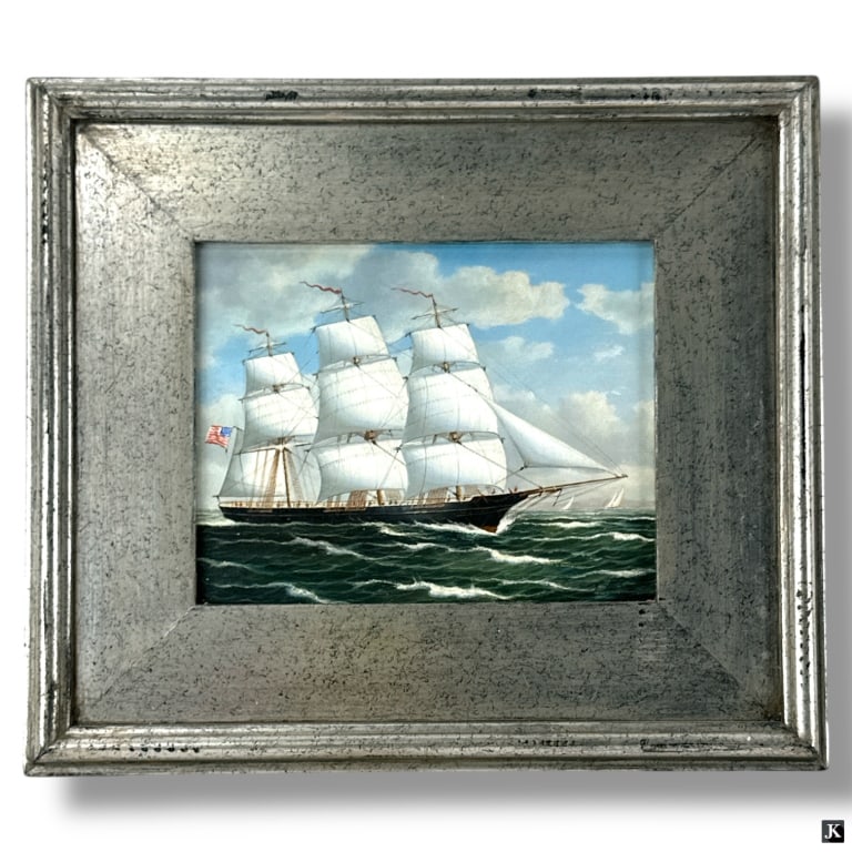 Giclee on Canvas "American 3 Masted Sailing Ship": Giclee on canvas "American 3 Masted Sailing Ship". Unsigned. Framed and ready to hang. Good condition. Measures 8" x 10", frame measures 14" x 16". LA/B13/SH:14A