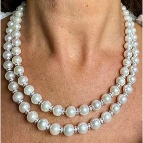18K White Gold Cultured Pearl & Diamond Necklace