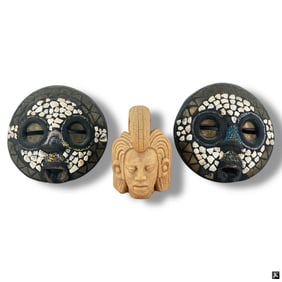 Pair African Ashanti Wood Masks & Mayan Bust