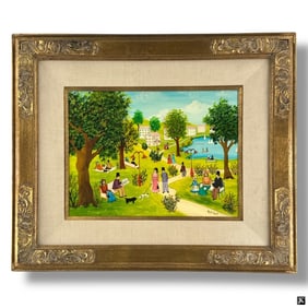 Agnes Neusch Folk Art Oil on Canvas, Park Scene