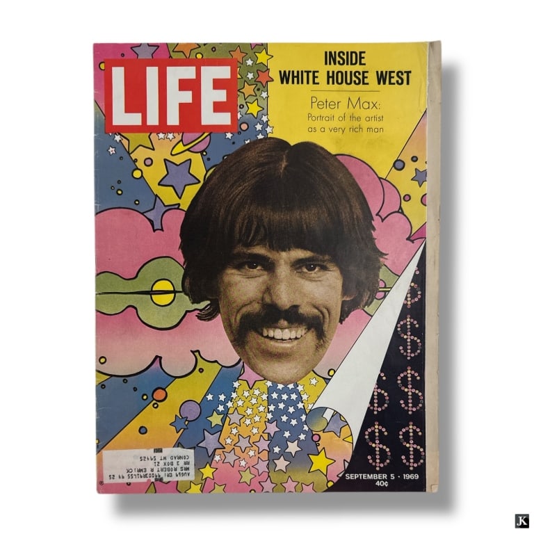 1969 Peter Max Life Magazine: Original 1969 Life Magazine with Peter Max on cover. Good vintage condition consistent with age. Measures 13-1/2" x 10-1/2". LA/B13/SH:14B