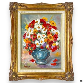 Vintage MCM Oil on Canvas "Still Life of Flowers'
