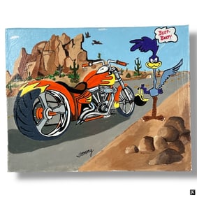 Pop-Art Oil on Canvas Roadrunner & Motorcycle