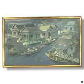 Large Vintage Chinese Oil/Canvas Fishing Village