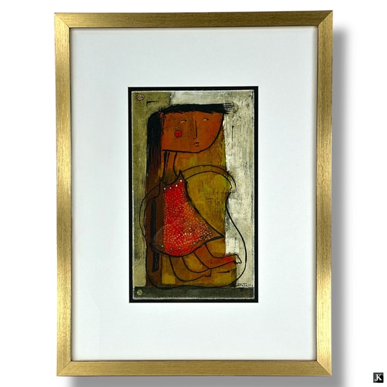 Angel Botello Linocut "Young Girl": Angel Botello, Spain/Haiti/Puerto Rico (1916-1986) Linocut "Young Girl". Signed and numbered 13/75. Framed, matted and presented under glass screen. Good condition. Measures 15-1/2" x 9-1/4" (sight),