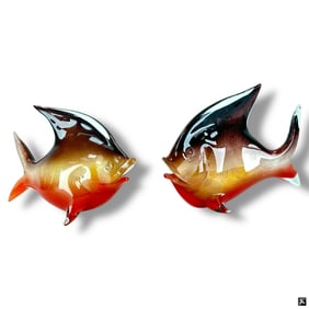 2 Vintage Seguso Polveri Orange Glass Fish Figures