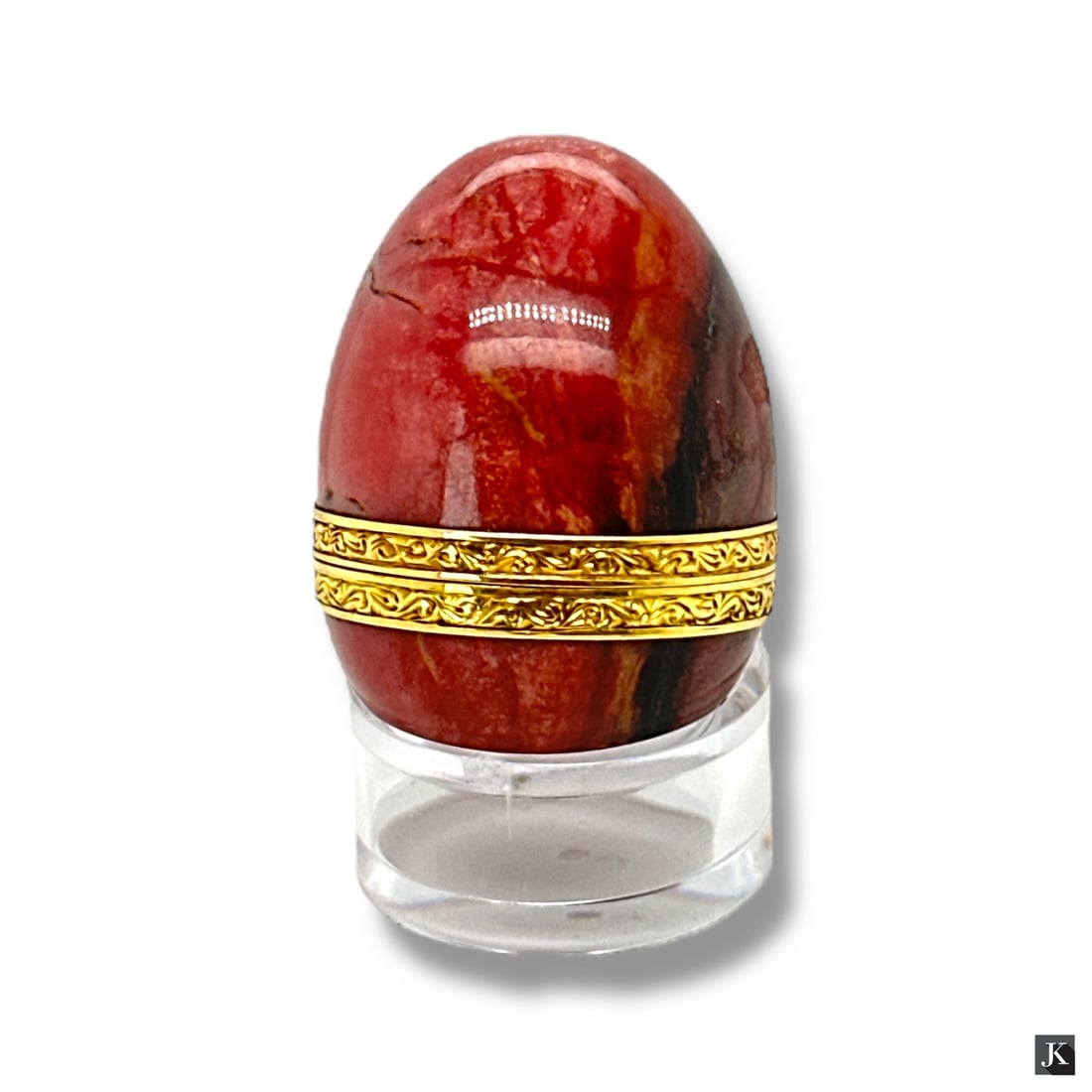 19C Russian Miniature Gem Stone Egg Box: 19C Russian Miniature Gem Stone Easter Egg as Trinket Box. With gold mountings, Tiny gem embellished closure. Marked with Russian Hallmarks. Good condition consistent with age. Measures 1-1/2"LA/B19