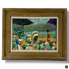 John Morris Oil on Board "Flower Market, 1911"