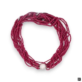 18K WG Diamond & Ruby 12 Strand Beaded Necklace
