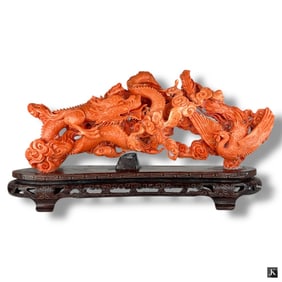 Chinese Carved Red Coral Dragon Sculpture