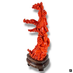 Fine Chinese Carved Red Coral Guan Yin Sculpture
