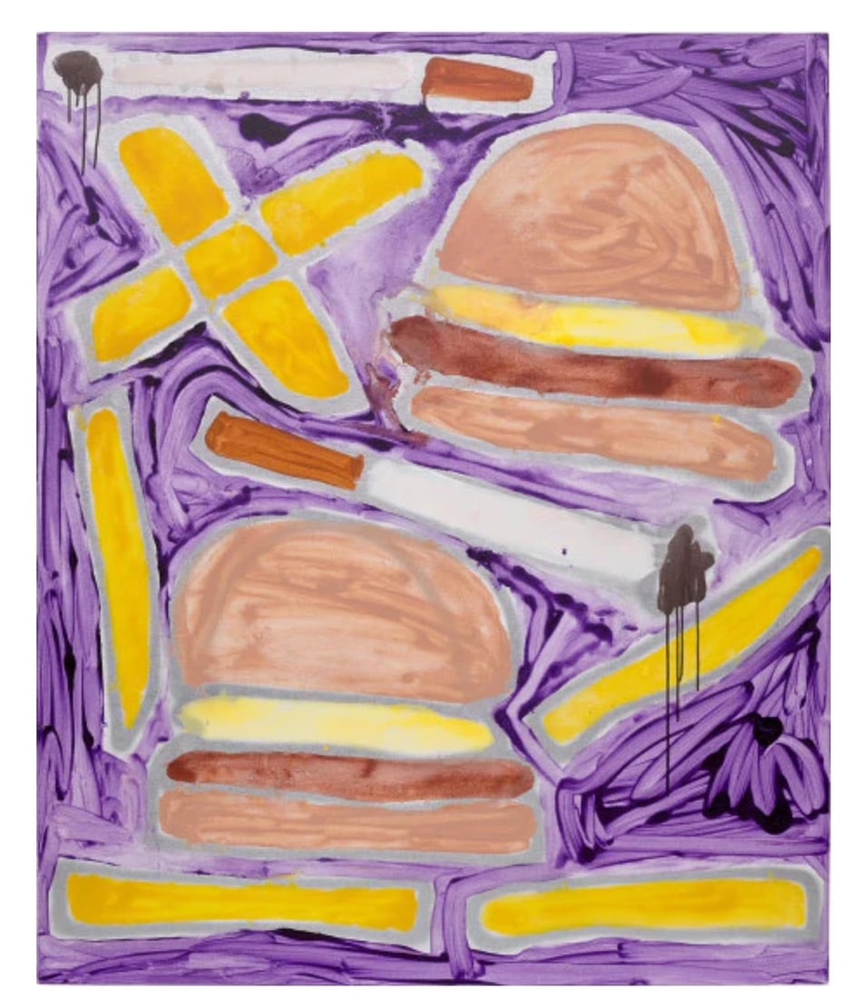 Katherine Burnhardt 'Hamburgers French Fries and Cigarettes': Artist: Katherine Bernhardt Title: Hamburgers French Fries and CigarettesSize: 182.8 x 152.1 cm (71 7/8 x 59 7/8 in.)Medium: Acrylic and spray paint on canvasEdition: Original Year: 2014Notes: Signed,
