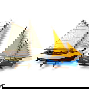 2 Model Sailboats: 2 Model Sailboats. Unsigned. Good vintage condition. Measures 12-1/2" x 11" and 12" x 11-1/2". LA/B13/SH:3A