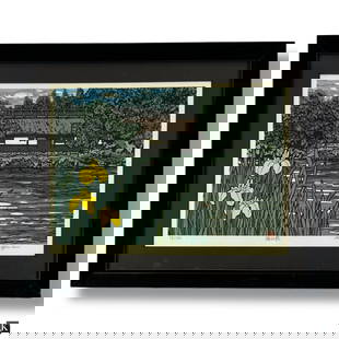 Katsuyuki Nishijima Woodblock - Sasayama Canal: Artist: Nishijima, Katsuyuki, Japanese, (b. 1945) Title: Canal of Sasayama Date: undated Medium: woodblock Signed/numbered: in pencil, 13/500 Dimensions: image 10" x 15" , frame 16-1/4" x 20-1/2" Cond