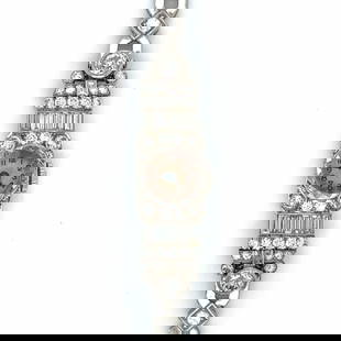 Art Deco Platinum Ladies Cocktail Watch: Item # 12481 Category Watches Art Deco Platinum Ladies Cocktail Watch Weighing 23.3 grams Set with 43 European-cut Diamonds weighing app. 1.75 Ct. Along with 12 Baguette Diamonds weighing app. 0.60 Ct