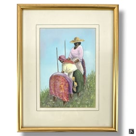 L. Ayres Vintage Haitian Watercolor "Harvesting"