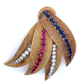 1950’s 18K Yellow Gold Burma Ruby, Sapphire, & Dia