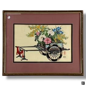 Vintage Japanese Wood Block "Flower Cart"