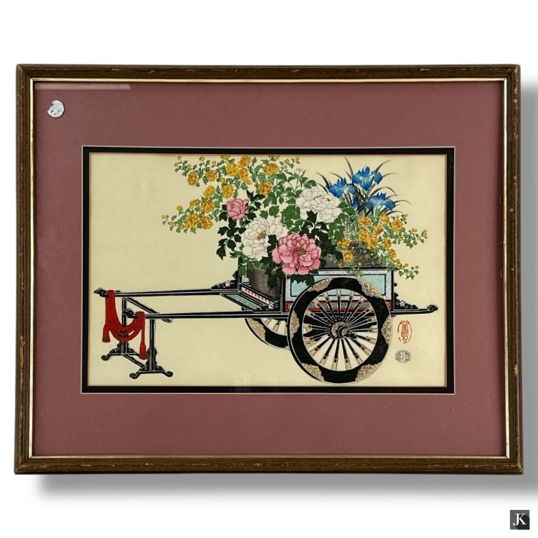 Vintage Japanese Wood Block "Flower Cart" (1 of 3)
