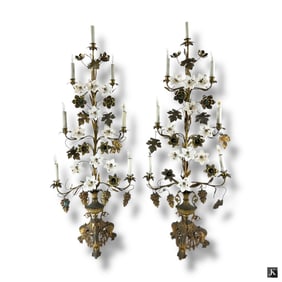 Pair Cast Metal Grape & Floral Altar Candelabra