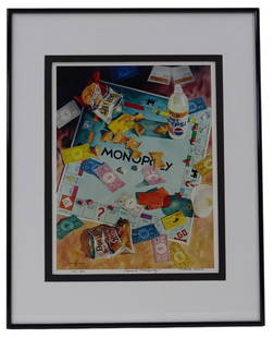 Patrick Clark Lithograph "Pepsi Co Monopoly": Patrick Clark, American (20th C) Lithograph "Pepsi Co Monopoly". Signed and numbered 65/500. Framed, matted and presented under glass frame. Good condition. Measures 13-1/2" x 10-1/2" (sight), frame m