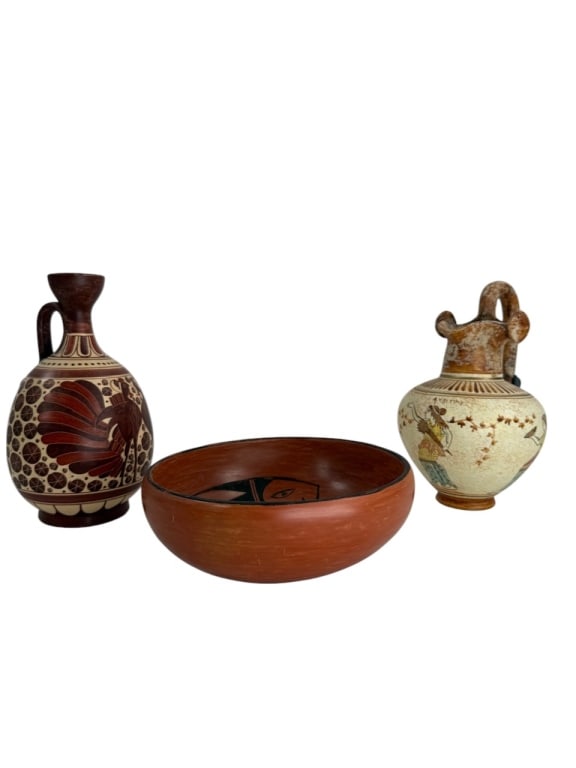 3 Pottery Decorative Objects: 3 Pottery Decorative Objects. Lot includes: Native American bowl, unsigned, 3" x 7-1/2", good condition; 2 Greek ewers, signed, 9" H & 8-1/2" H, good condition. B13 -2A