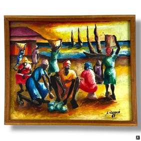 Mid Century Haitian Oil on Fabric Signed L. Exume