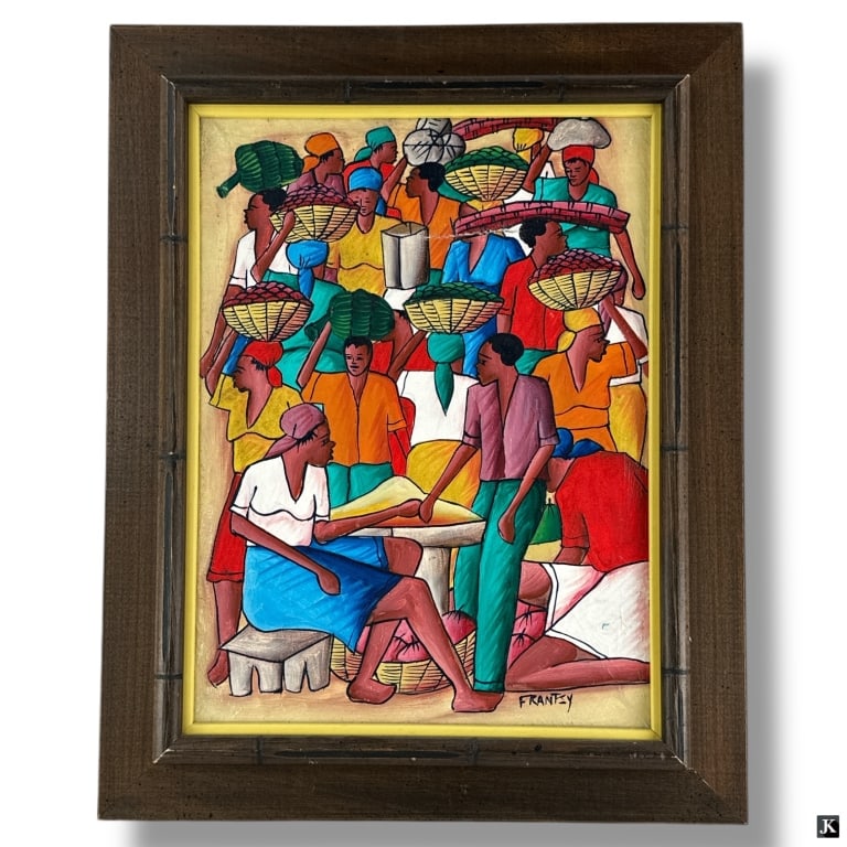 Haitian Oil on Fabric "Busy Market" Signed Frantsy: Haitian Oil on Fabric "Busy Market". Signed Frantsy lower right. Horizontal tear upper right, craquelure. Measures 16" x 12", frame measures 21" x 16-3/4". LA/B13/SH:16B