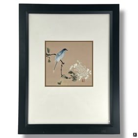 Asian Embroidery on Silk Panel "Bird & Flowers"