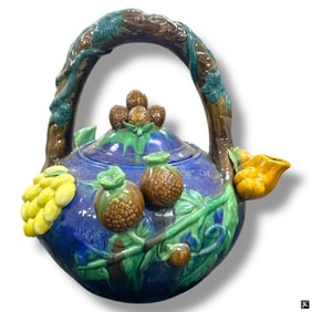 Large Vintage Majolica Fruit Motif Tea Pot