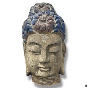 Vintage Carved Wood Polychrome Buddha Head